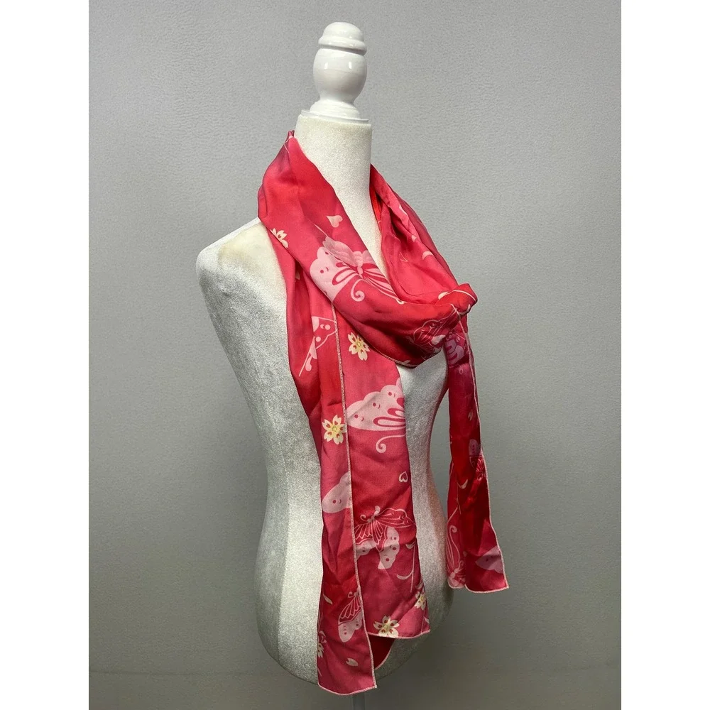 Y2K Whimsical Womens OS Red Pink Butterfly Floral Satin Long Scarf